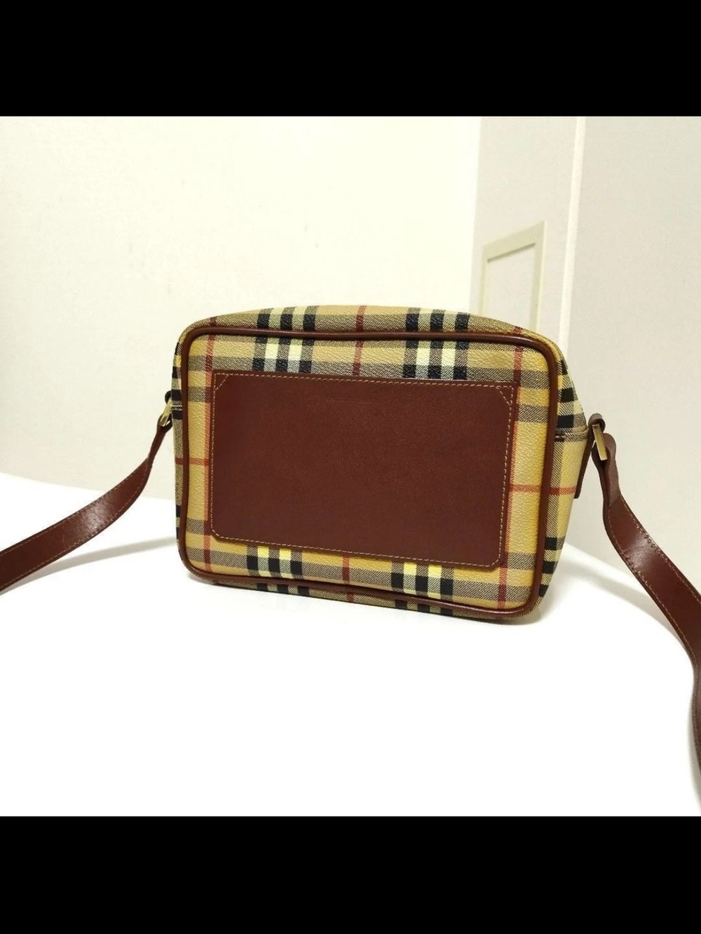 Burberry Tan Plaid Messenger Bag with Brown Leather Trim